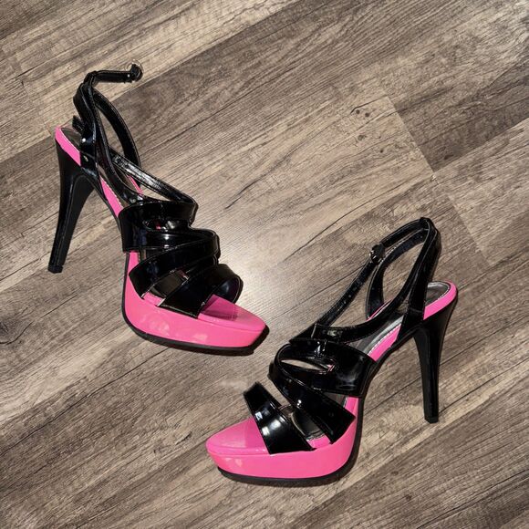 Deb Black With Hot Pink Strappy PVC Leather Heels 9 - Picture 4 of 8